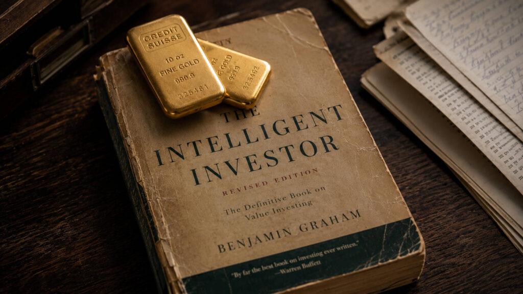 Two Credit Suisse gold bars resting on a worn copy of Benjamin Graham's The Intelligent Investor — the foundational text behind Warren Buffett's investment principles — alongside handwritten financial notes on a dark walnut desk.