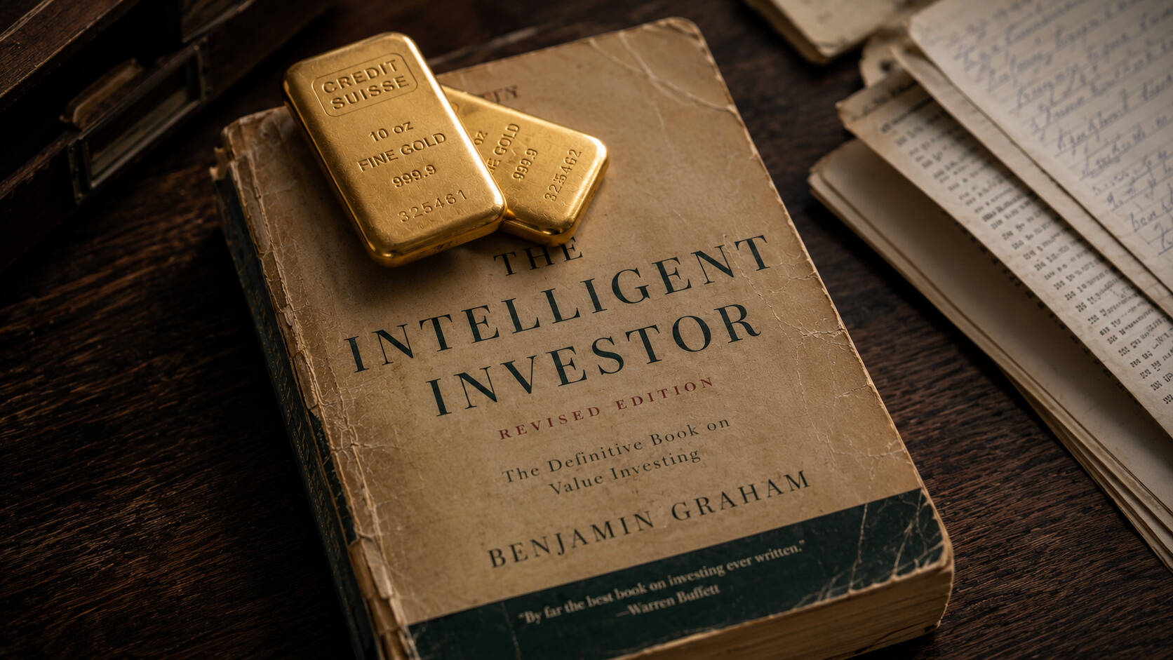 Two Credit Suisse gold bars resting on a worn copy of Benjamin Graham's The Intelligent Investor — the foundational text behind Warren Buffett's investment principles — alongside handwritten financial notes on a dark walnut desk.