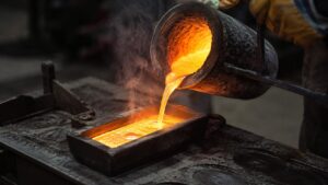 Molten gold being poured from a crucible into an ingot mold at a refinery, with steam rising from the cast-iron surface