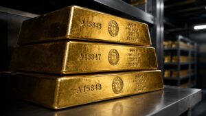 Three allocated gold bars stamped A15846, A15847, and A15848 — each marked 999.9 fine gold — stacked on a vault shelf, illustrating the difference between allocated vs unallocated gold ownership.
