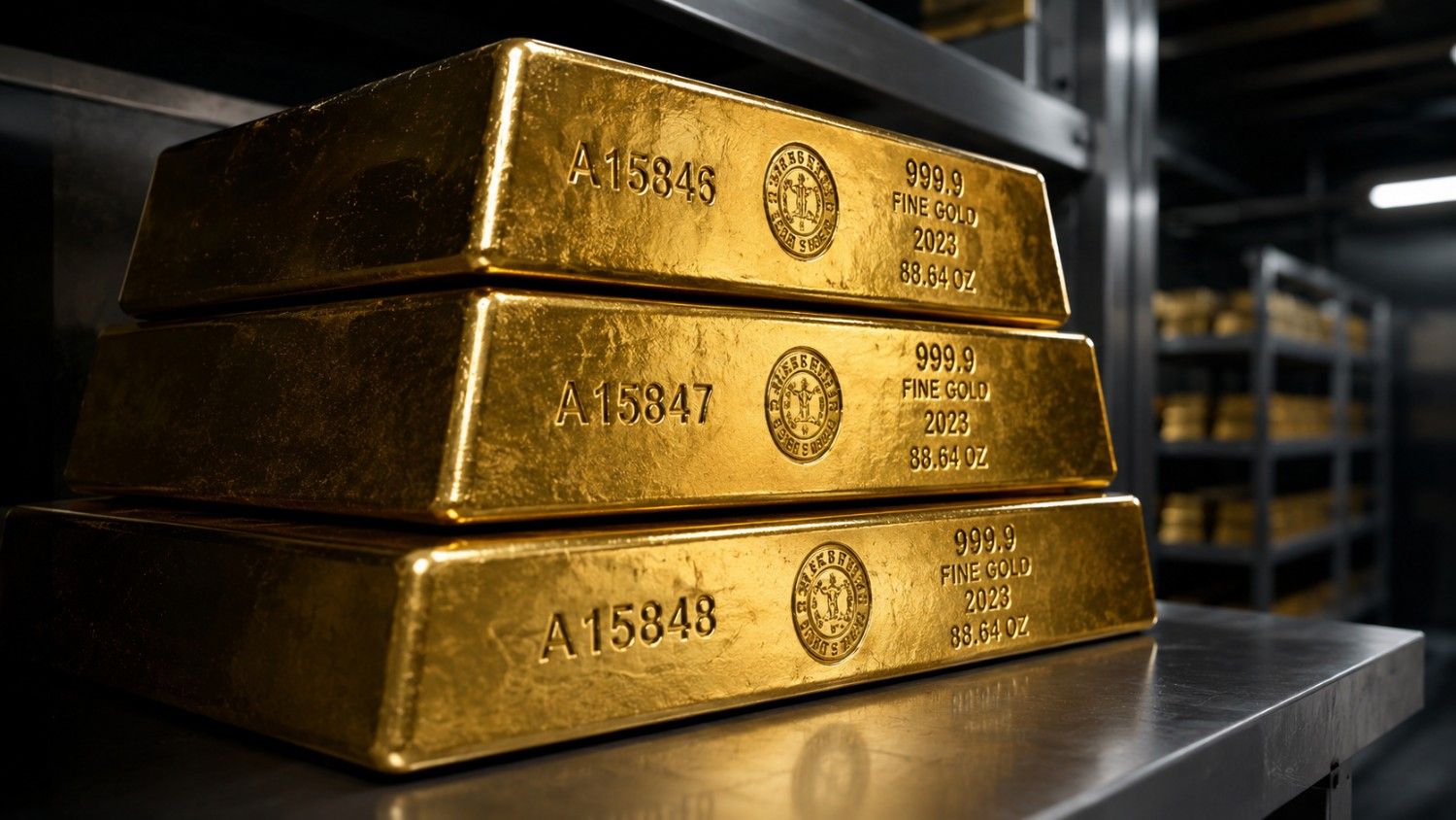 Three allocated gold bars stamped A15846, A15847, and A15848 — each marked 999.9 fine gold — stacked on a vault shelf, illustrating the difference between allocated vs unallocated gold ownership.