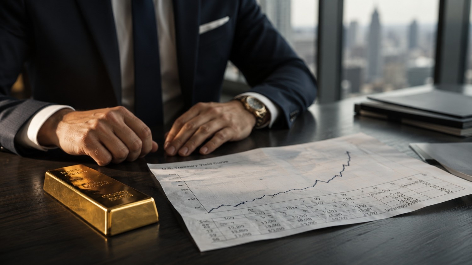 Financial analyst reviewing a U.S. Treasury yield curve chart beside a gold bar — central bank gold buying underreported as institutional demand holds steady