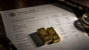Two fine gold bars resting on a central bank consolidated balance sheet showing gold and foreign currency reserves, photographed on a dark wooden desk with a pen and compass alongside.