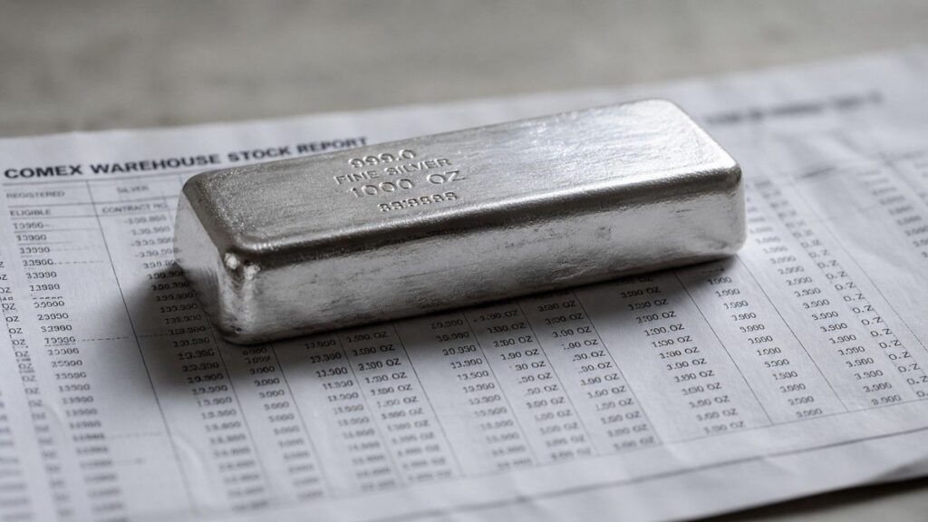 A 1,000-oz fine silver bar resting on a COMEX Warehouse Stock Report showing registered and eligible inventory data