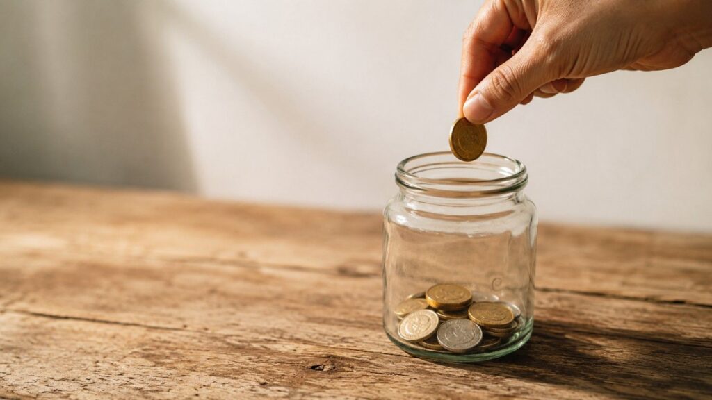 A hand dropping a gold coin into a glass jar containing gold and silver coins, illustrating dollar-cost averaging into precious metals