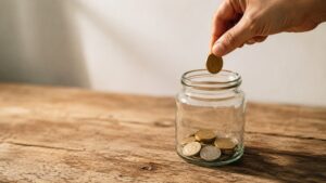 A hand dropping a gold coin into a glass jar containing gold and silver coins, illustrating dollar-cost averaging into precious metals