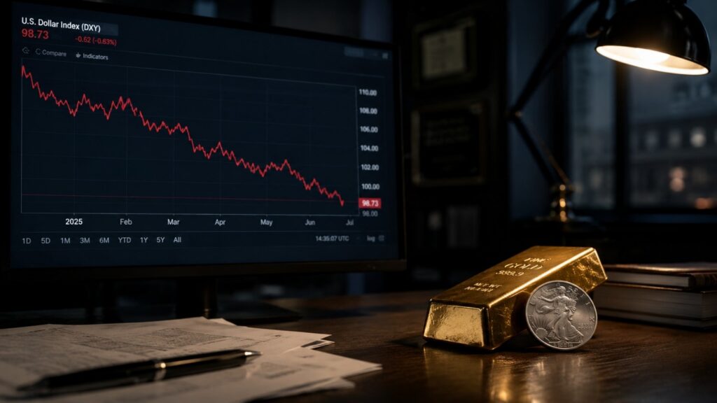 U.S. Dollar Index (DXY) chart showing a declining trend, with a gold bar and silver coin in the foreground on a dark analyst's desk
