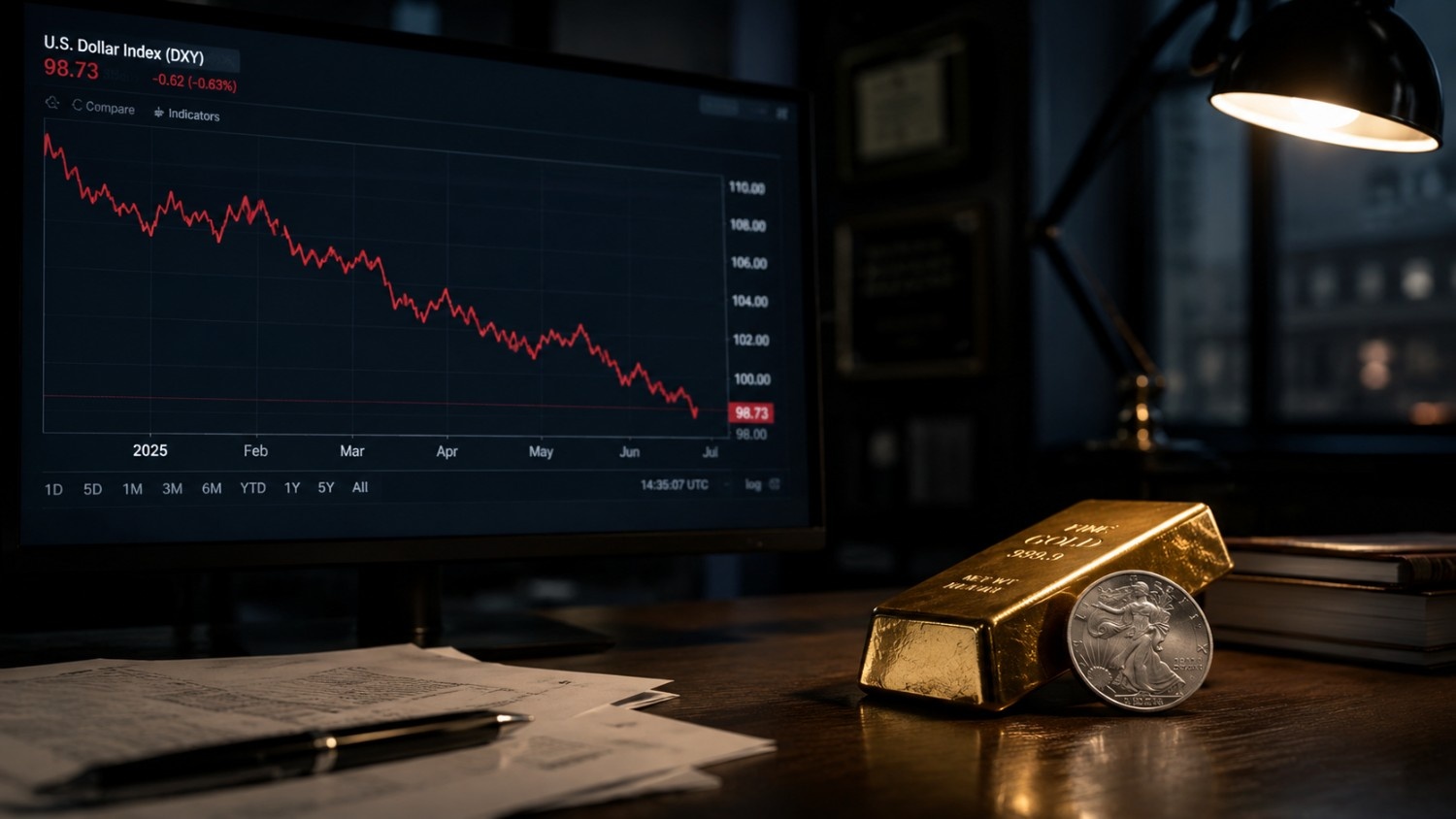 U.S. Dollar Index (DXY) chart showing a declining trend, with a gold bar and silver coin in the foreground on a dark analyst's desk