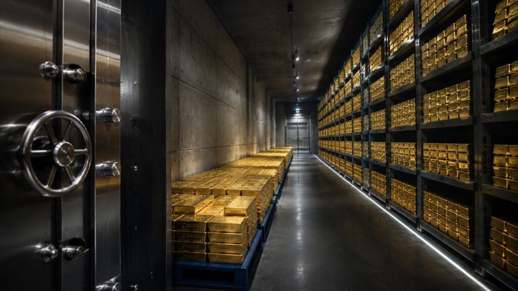 Central bank vault corridor lined with gold bars stacked on metal shelving, with a heavy vault door in the foreground