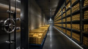 Central bank vault corridor lined with gold bars stacked on metal shelving, with a heavy vault door in the foreground