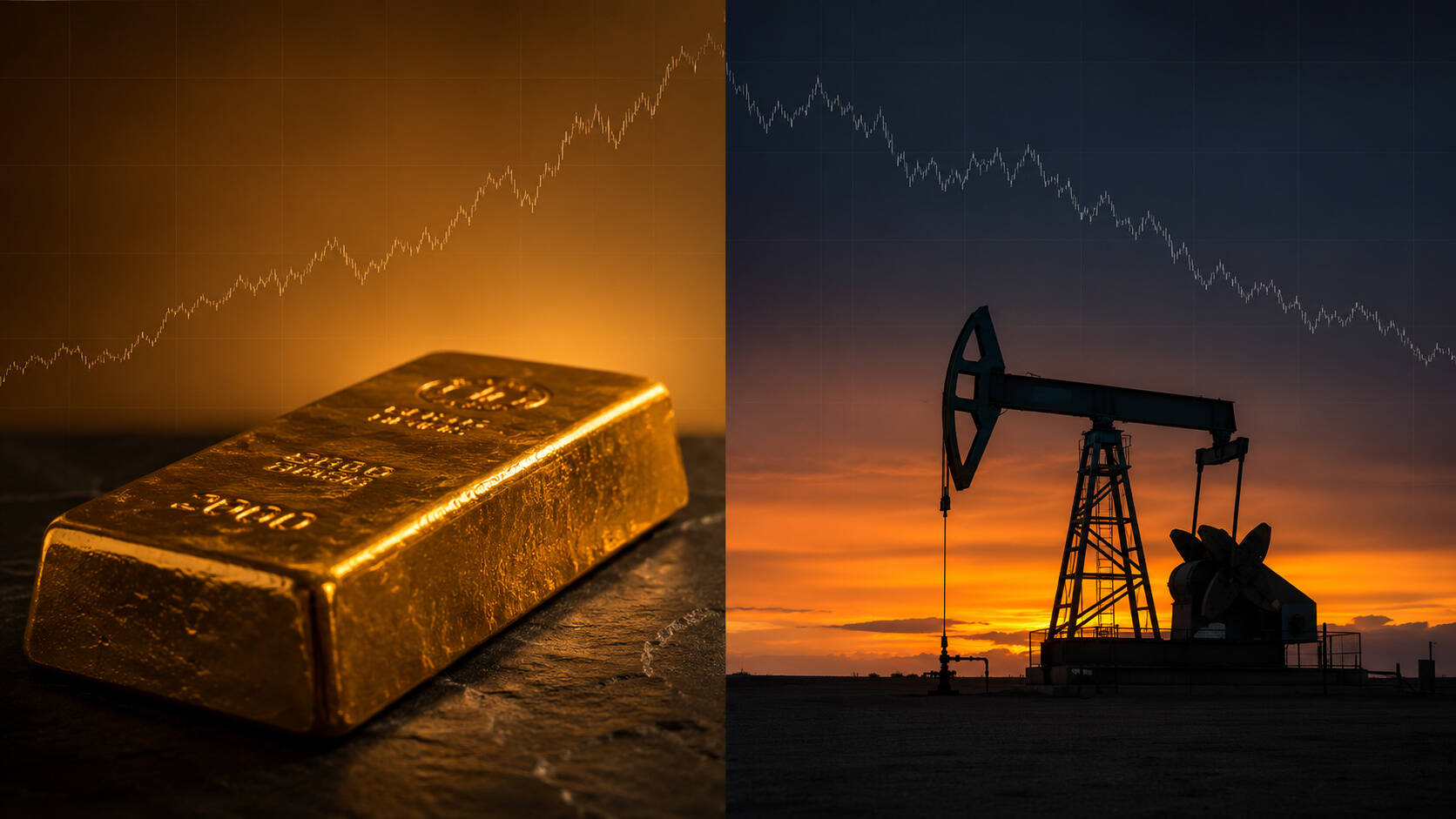 Gold bar with rising price chart alongside oil pump jack at sunset with declining price chart, illustrating the gold and oil inverse correlation