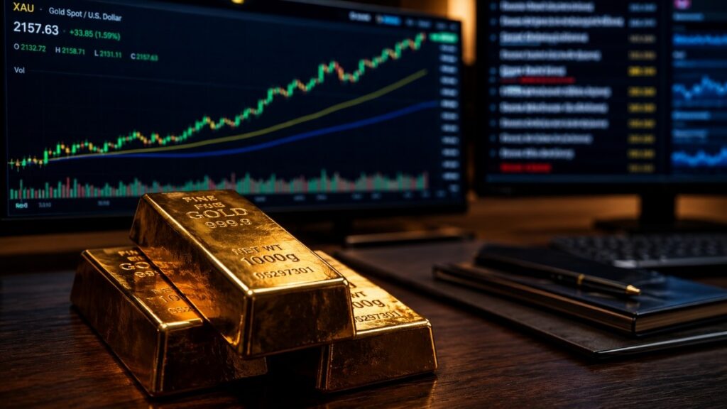 Gold bars on a trading desk with gold price chart and news feed on screens — gold decoupling from geopolitics as monetary floor holds