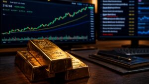 Gold bars on a trading desk with gold price chart and news feed on screens — gold decoupling from geopolitics as monetary floor holds