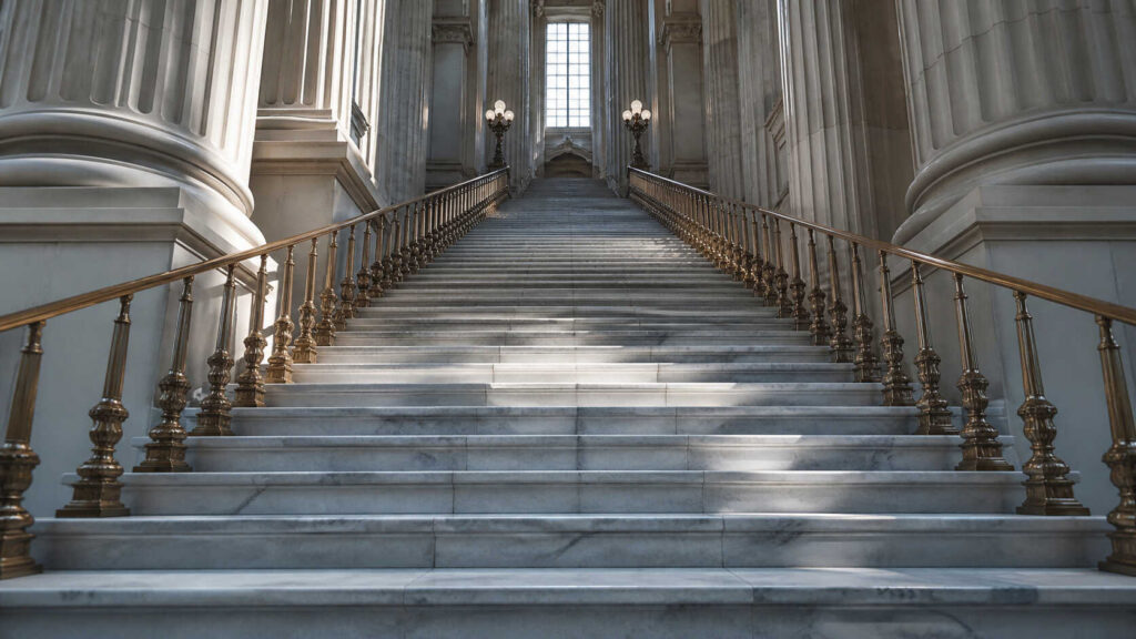 Grand marble staircase with brass railings inside a classical financial institution, viewed from below looking upward