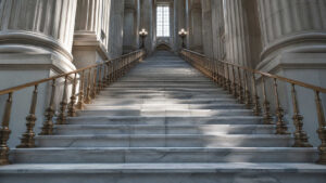 Grand marble staircase with brass railings inside a classical financial institution, viewed from below looking upward