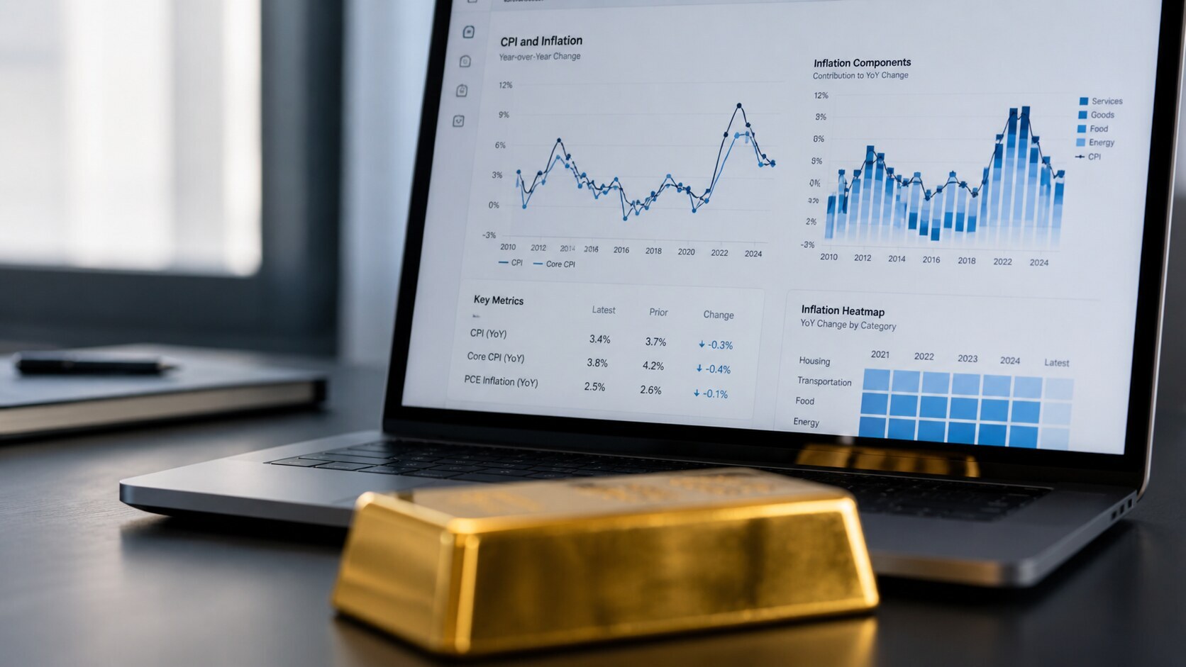 Gold bar in front of a laptop displaying CPI and inflation charts — illustrating the gold inflation paradox