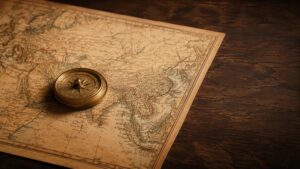 Gold market power shift: antique brass compass resting on a vintage map of Asia and the Middle East on a dark oak desk