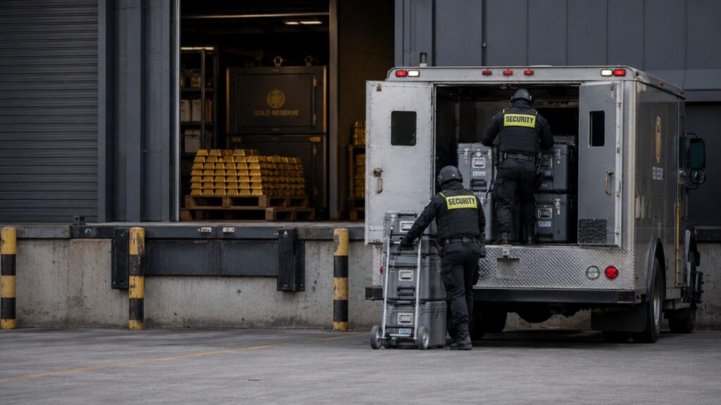 Two security personnel loading sealed transit cases into an armoured truck at a gold reserve warehouse loading bay, illustrating gold physical demand as metal moves out of Western storage facilities
