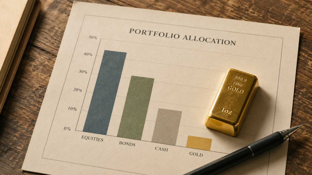 Gold bar resting on a printed portfolio allocation bar chart showing equities, bonds, cash, and a notably smaller gold allocation, on a wooden desk with a pen