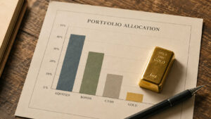 Gold bar resting on a printed portfolio allocation bar chart showing equities, bonds, cash, and a notably smaller gold allocation, on a wooden desk with a pen