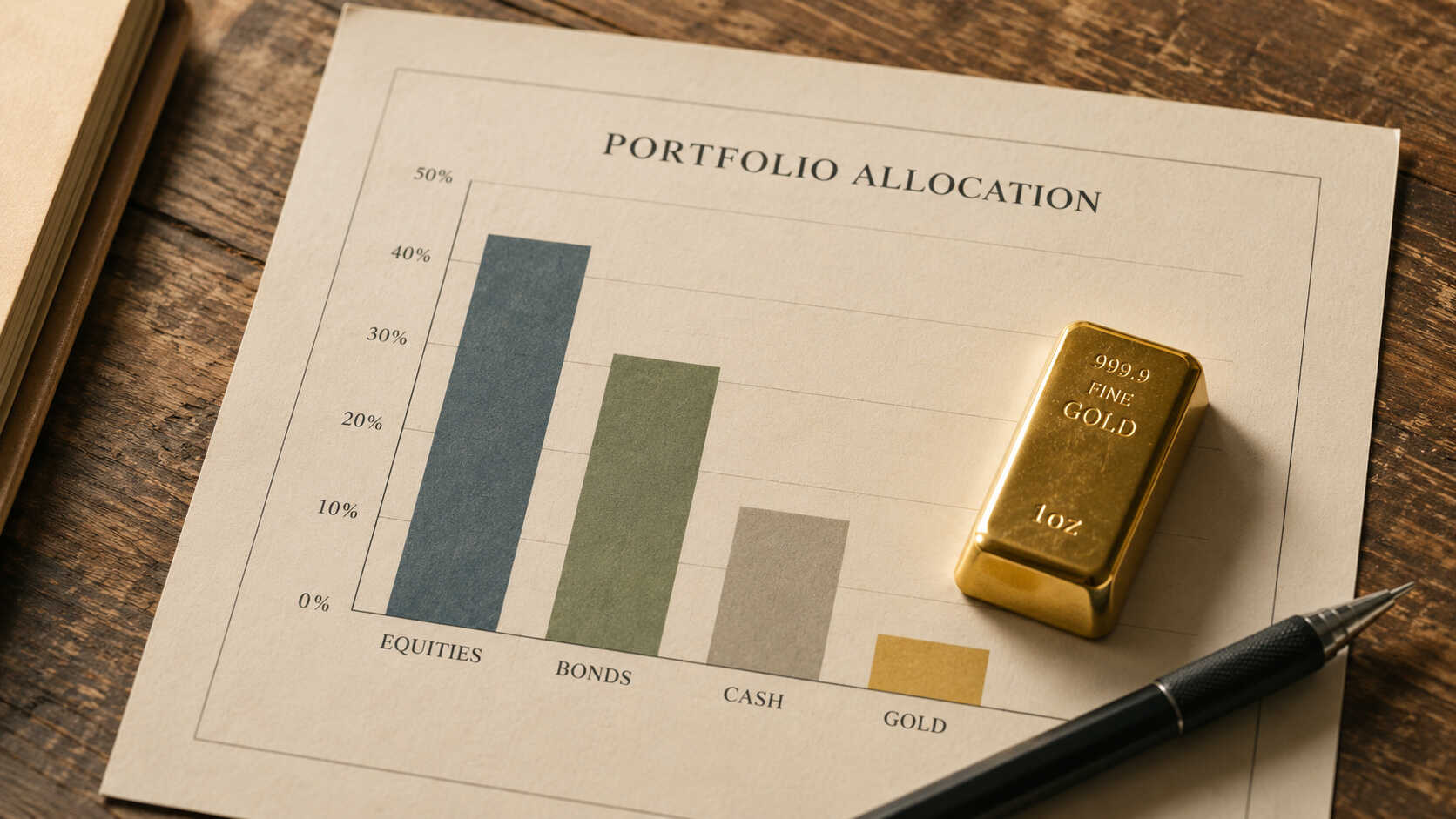 Gold bar resting on a printed portfolio allocation bar chart showing equities, bonds, cash, and a notably smaller gold allocation, on a wooden desk with a pen