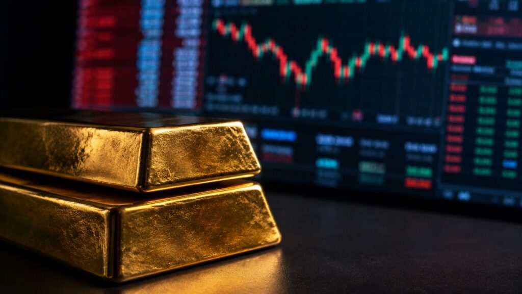 Gold bars stacked in front of a financial trading screen showing market price data — gold price holds steady despite Fed rate hike signal