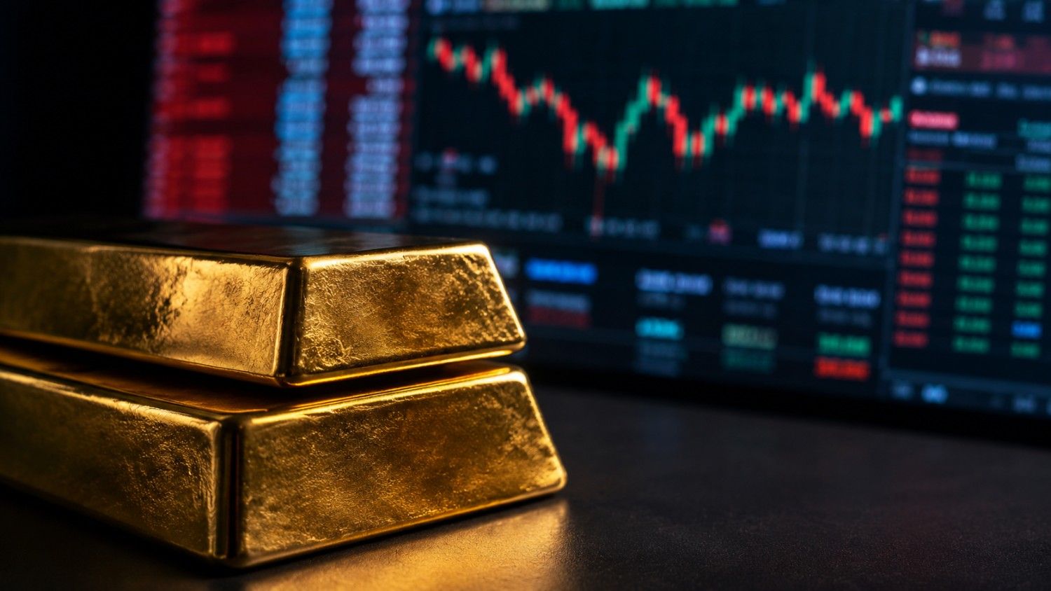 Gold bars stacked in front of a financial trading screen showing market price data — gold price holds steady despite Fed rate hike signal