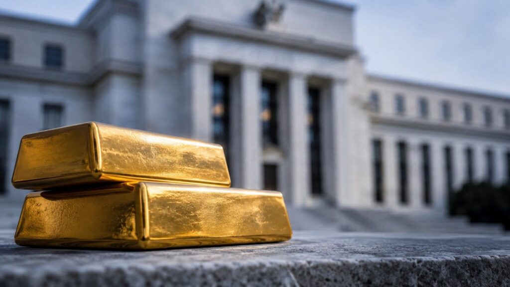 Gold bars in front of the Federal Reserve building — gold price non-reaction Iran ceasefire
