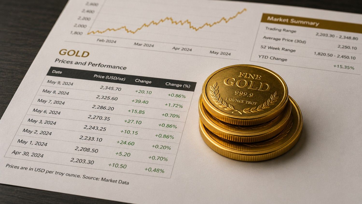 Gold coins stacked on a printed gold prices and performance data sheet showing USD per troy ounce figures and a rising price chart
