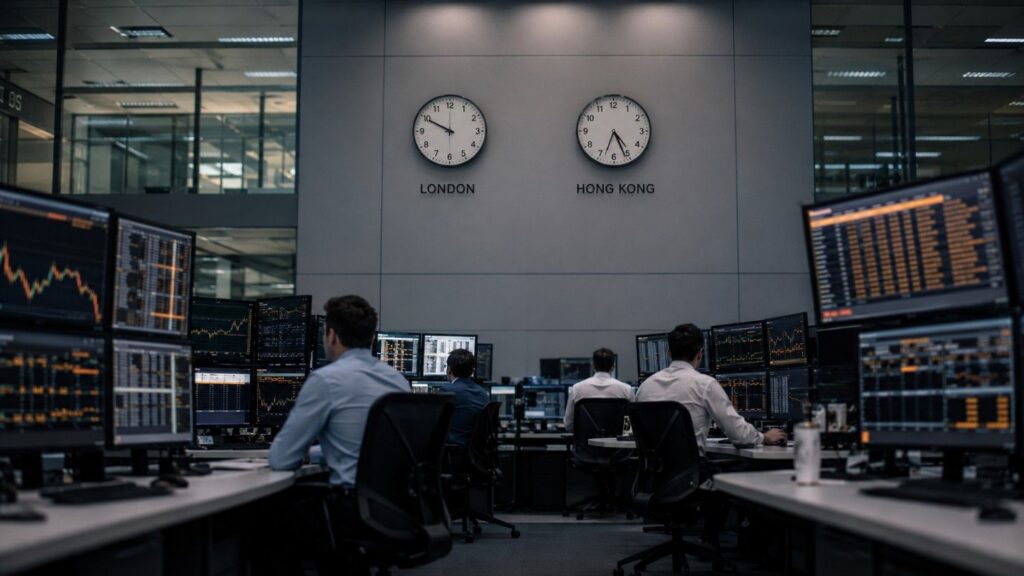Financial trading floor showing London and Hong Kong time zone clocks — gold price discovery Asia
