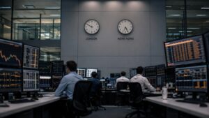 Financial trading floor showing London and Hong Kong time zone clocks — gold price discovery Asia