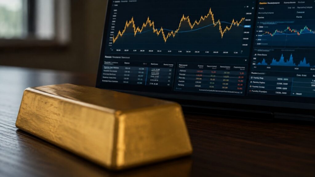 Gold bar in foreground with financial data dashboard on screen — the key gold price factors visualised