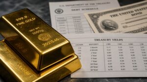 Gold bars stacked on US Treasury yield schedule and debt documents showing the tension between gold and government debt in 2026