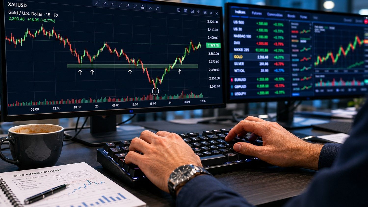 Trader at dual-monitor desk analyzing gold price floor on XAUUSD candlestick chart with support level marked