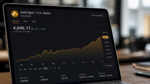 Laptop screen displaying XAU/USD gold spot price at $4,696.17, up 0.99%, with a year-to-date upward trend chart.