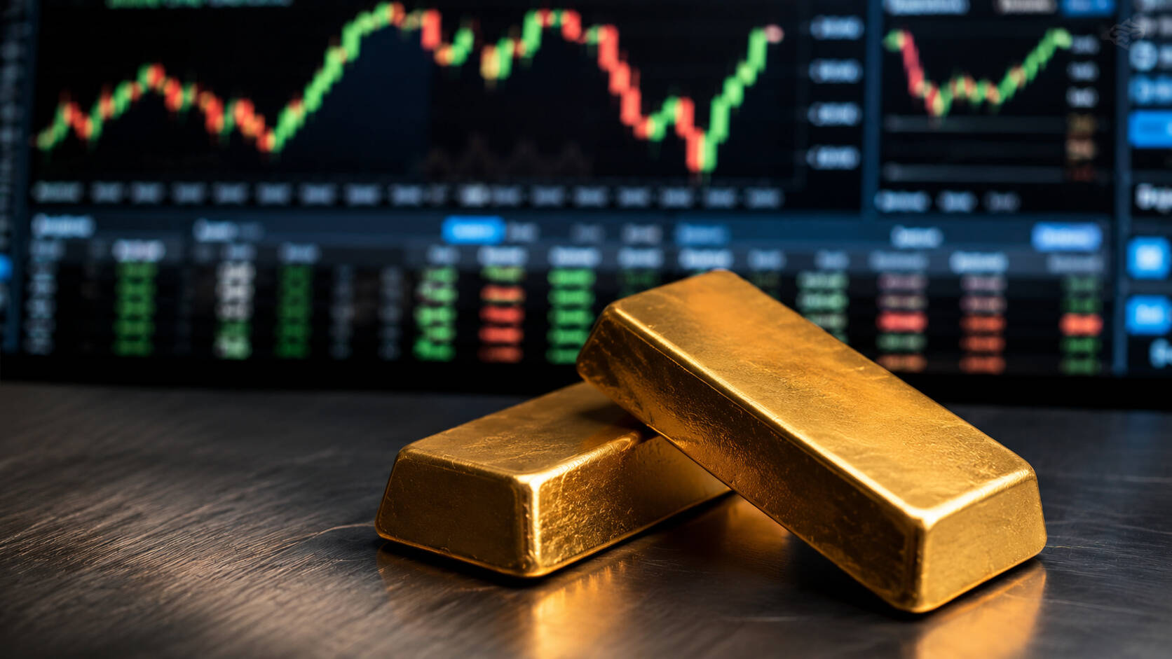 Gold bars in the foreground with a blurred financial trading terminal displaying price charts in the background, illustrating the gold price outlook amid oil futures divergence in 2026.