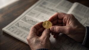 Weathered hands holding a gold American Eagle coin over a financial newspaper with price charts on a dark wooden desk