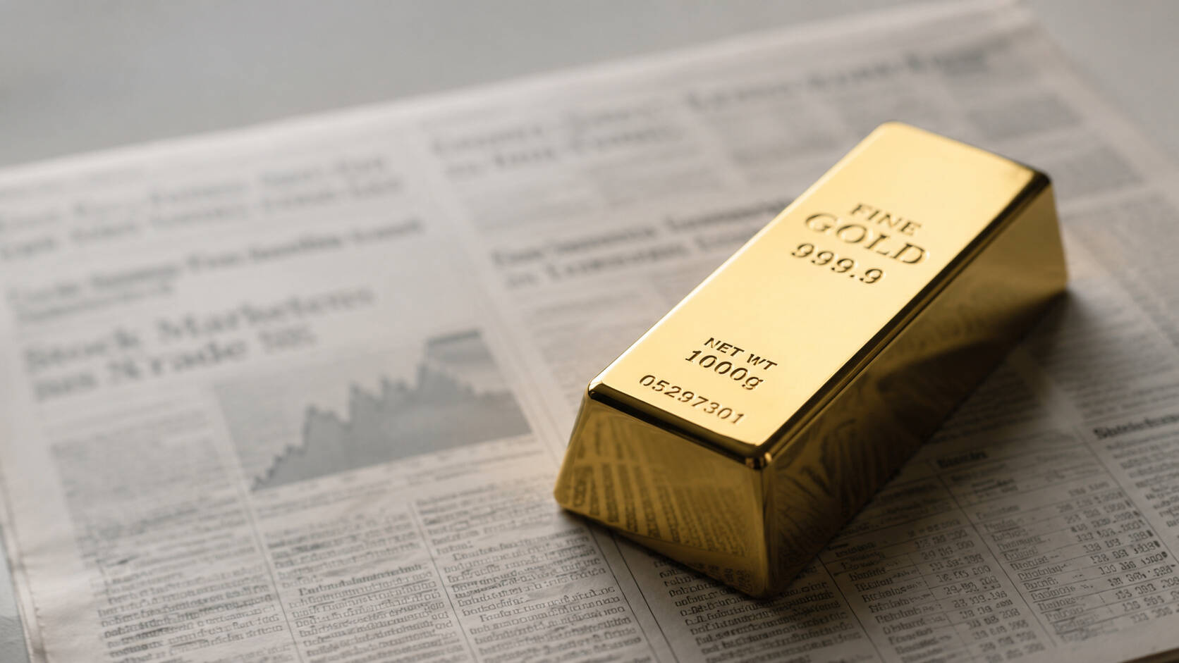 Gold bar resting on financial newspaper — gold price structural bid holds firm amid jobs data and deficit news
