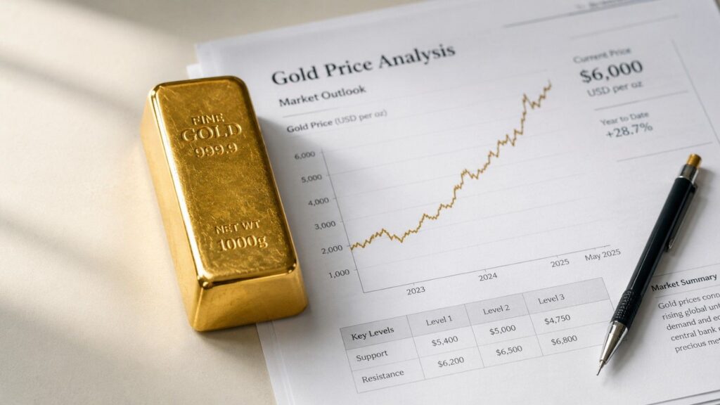 Gold price analysis report showing $6,000 target with a 1000g fine gold bar and upward price chart — gold price today May 2026
