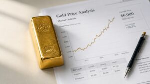 Gold price analysis report showing $6,000 target with a 1000g fine gold bar and upward price chart — gold price today May 2026