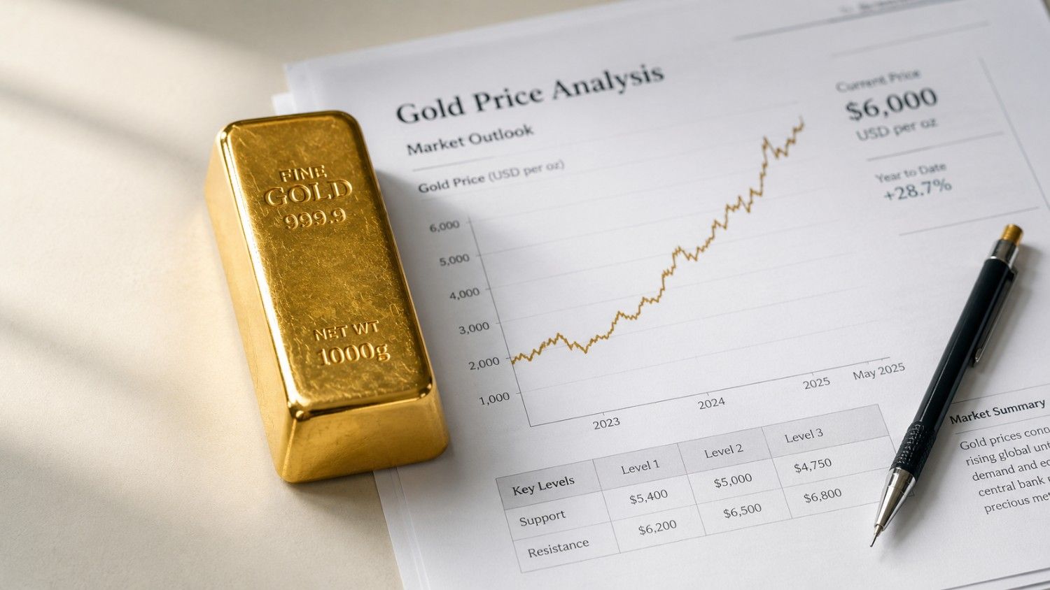Gold price analysis report showing $6,000 target with a 1000g fine gold bar and upward price chart — gold price today May 2026