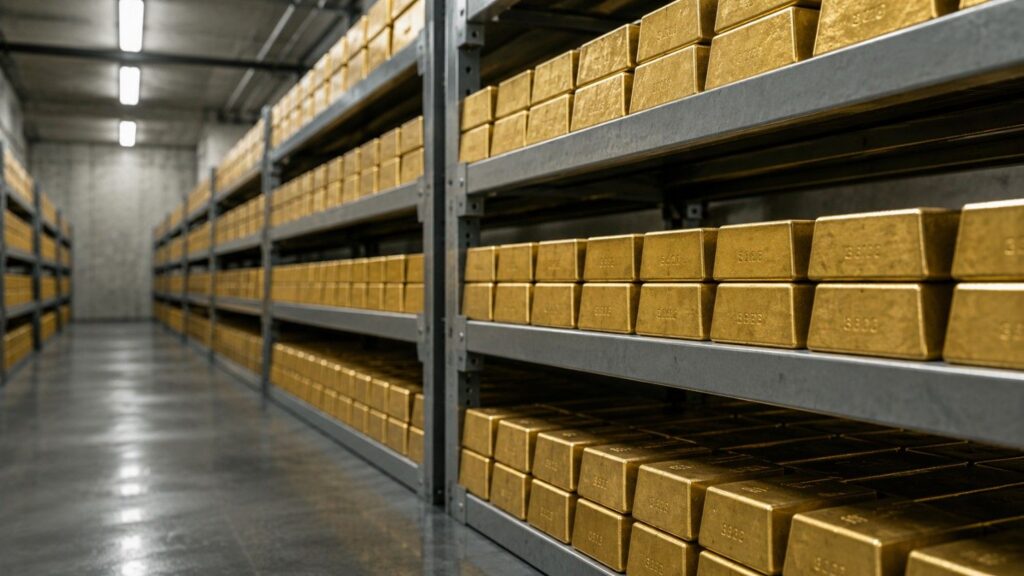 Gold bars stacked on institutional shelving in a central bank vault, illustrating the gold pullback central banks continue to accumulate through in Q1 2026