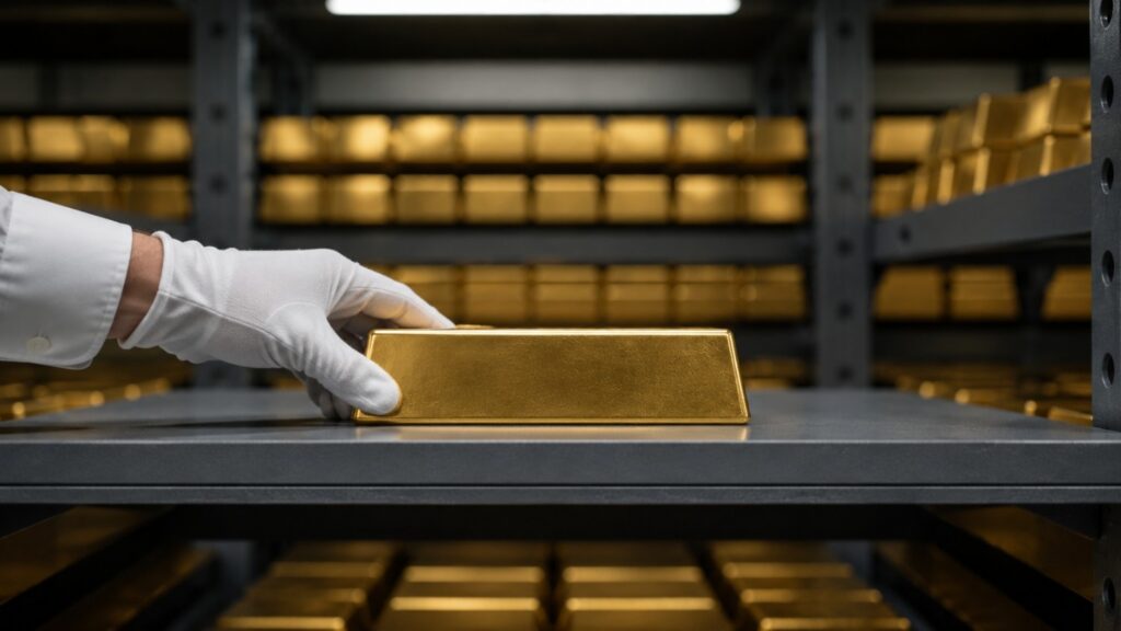 White-gloved hand placing a gold bar on a vault shelf — gold remonetization and central bank reserve buying 2026