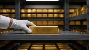 White-gloved hand placing a gold bar on a vault shelf — gold remonetization and central bank reserve buying 2026