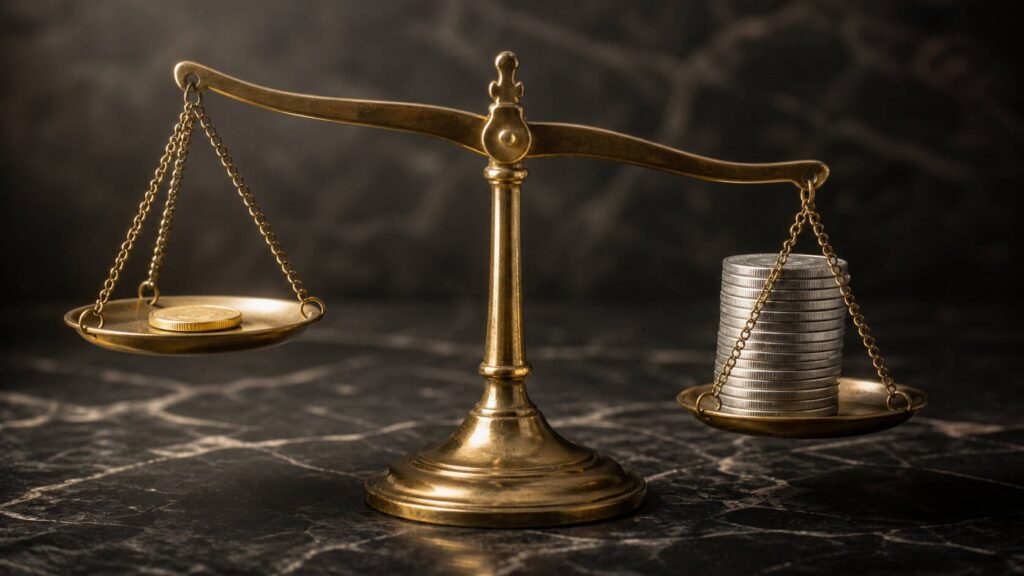 A brass balance scale on a dark marble surface with one gold coin on the left pan outweighing a tall stack of silver coins on the right, illustrating the gold-silver ratio.