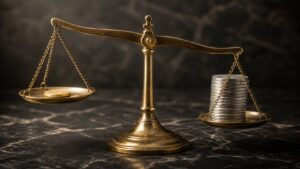 A brass balance scale on a dark marble surface with one gold coin on the left pan outweighing a tall stack of silver coins on the right, illustrating the gold-silver ratio.