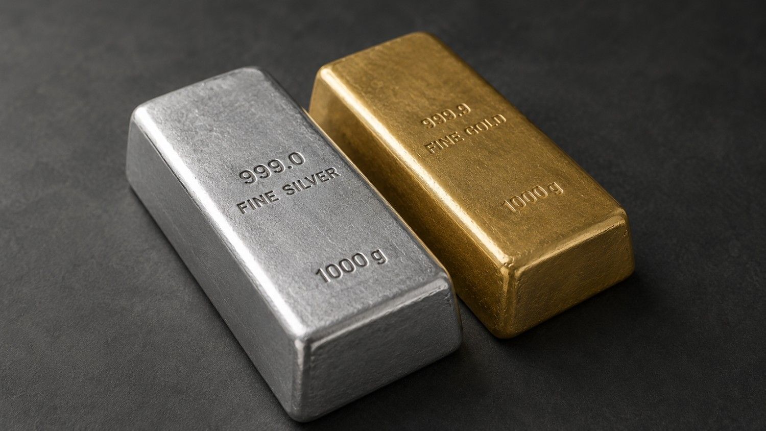Two 1000g bullion bars side by side — 999.0 fine silver in front, 999.9 fine gold behind — illustrating the gold silver ratio today.