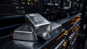 Silver bullion bars stacked on a data center server rack — stagflation, Warsh, gold, silver 2026 investment signals