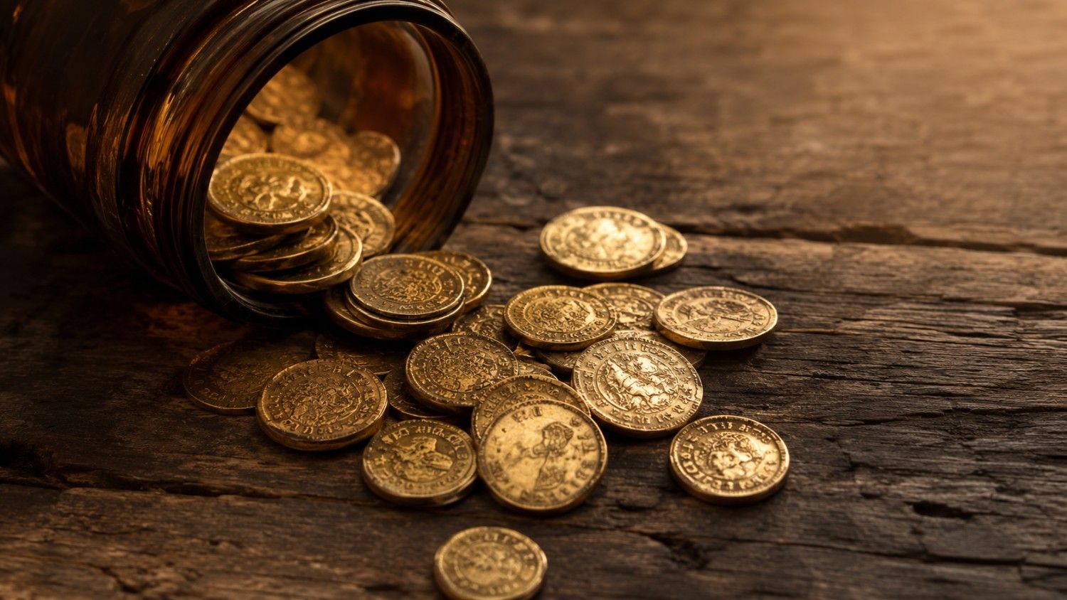 Gold coins spilling from a glass jar onto a dark wooden surface — representing the gold standard's role in balancing world economies