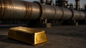 Gold bullion bar resting on industrial ground with oil refinery pipelines in the background, illustrating the gold-to-oil ratio relationship between monetary and energy assets